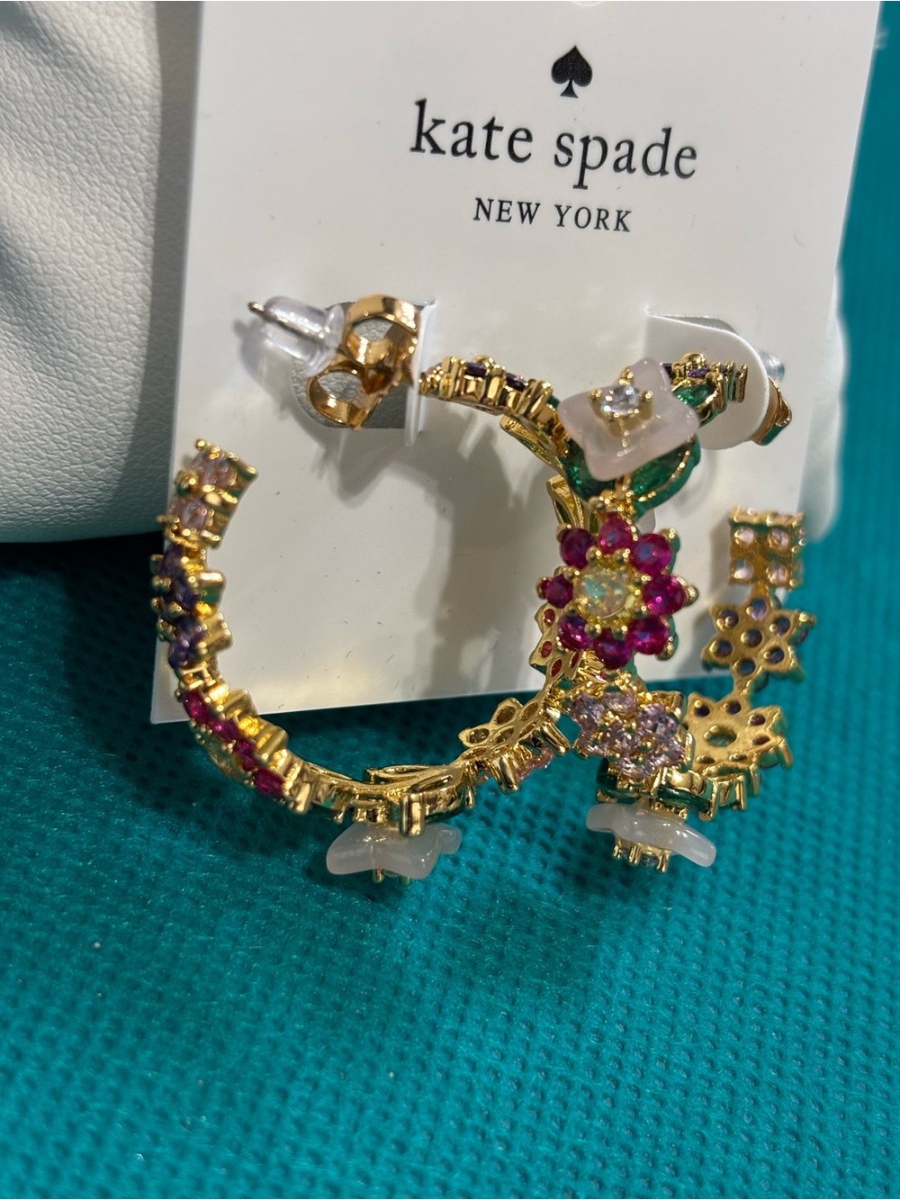 kate spade Gold Hoop Earrings with Pink, Purple, Green and Clear Stones